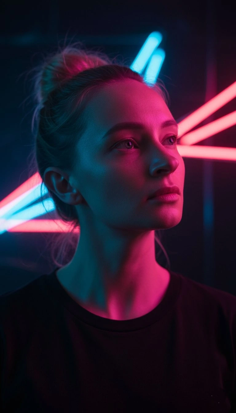 Izabela Pek - artystyczny portret autorki w świetle neonów, kreatywność i inspiracja